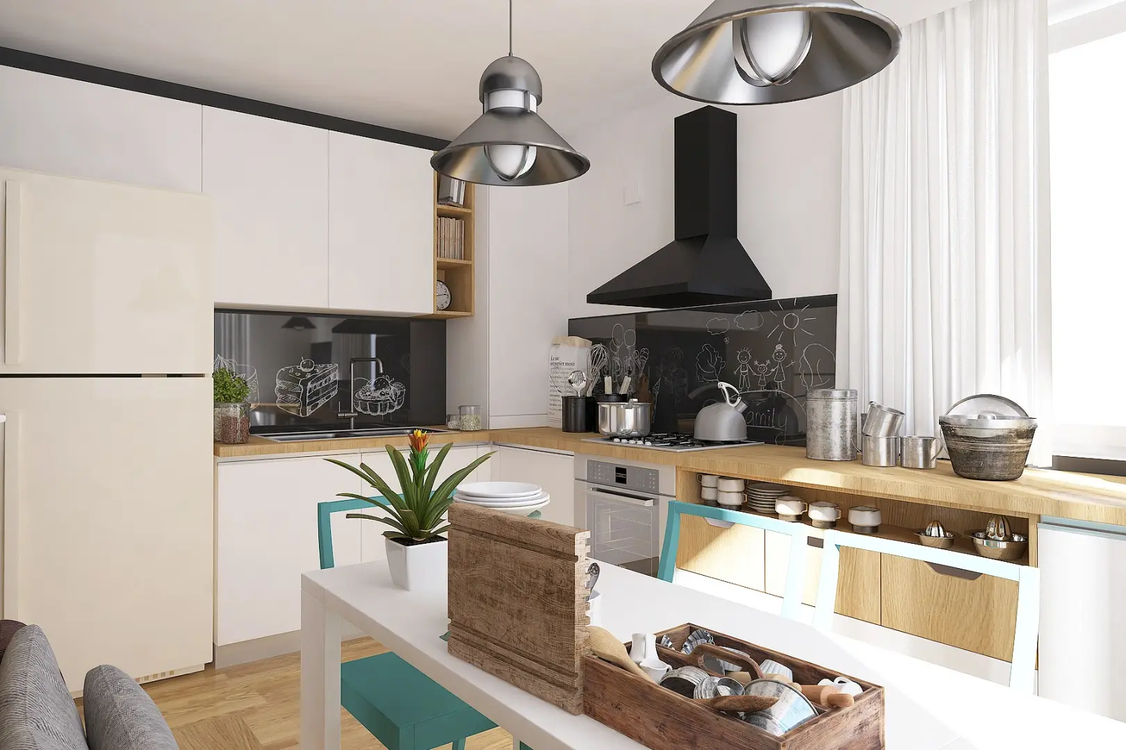 Mobilier modular de bucătărie din MDF alb și blat din lemn de stejar