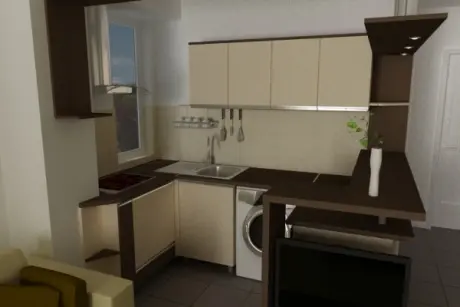 Mobilier de bucătărie compact și modern, proiectat inteligent pentru o garsonieră